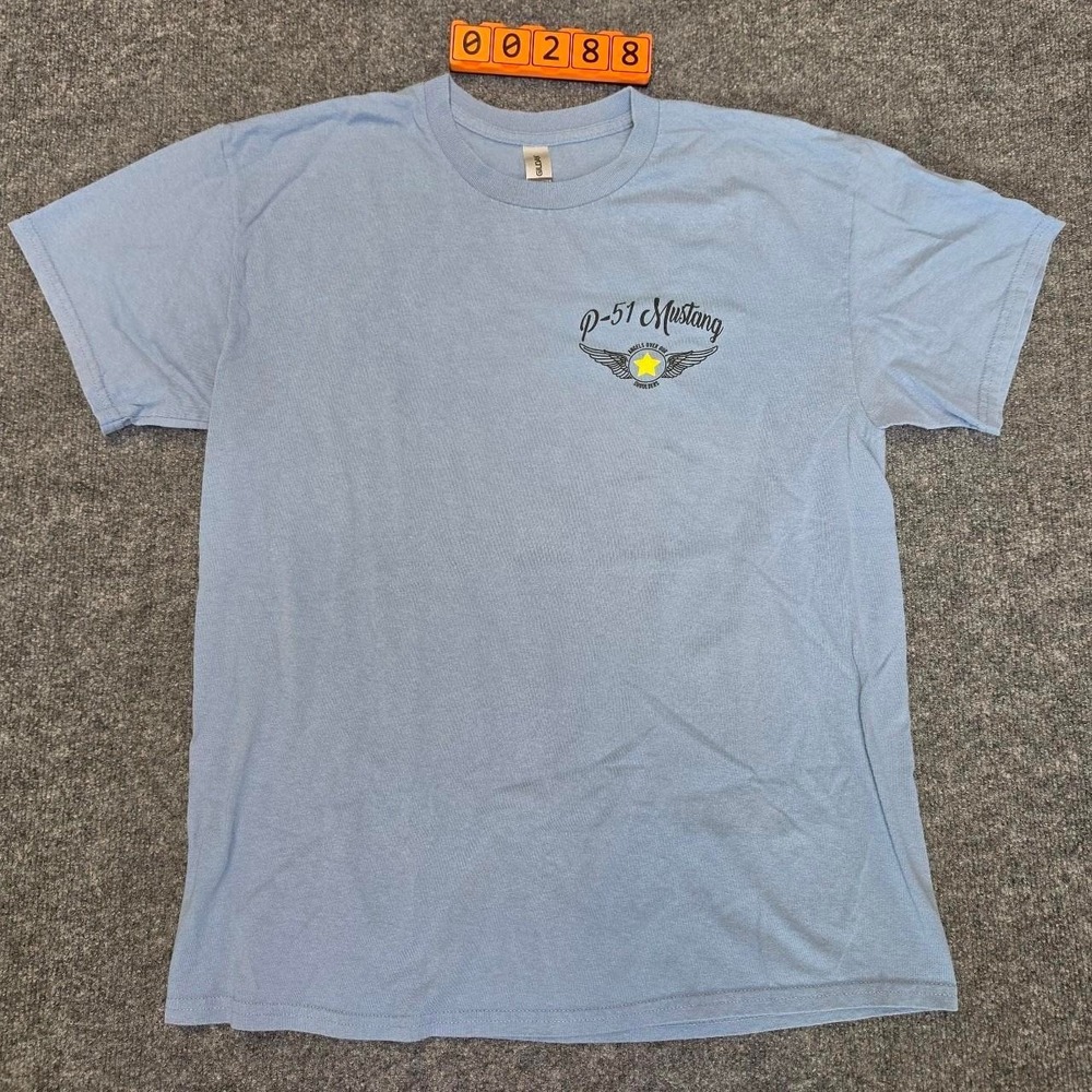 Cotton T-Shirt with 'P-51 Mustang' text and winged logo. Size Large
